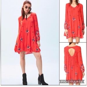 Elegant Red Floral Long Sleeve Dress